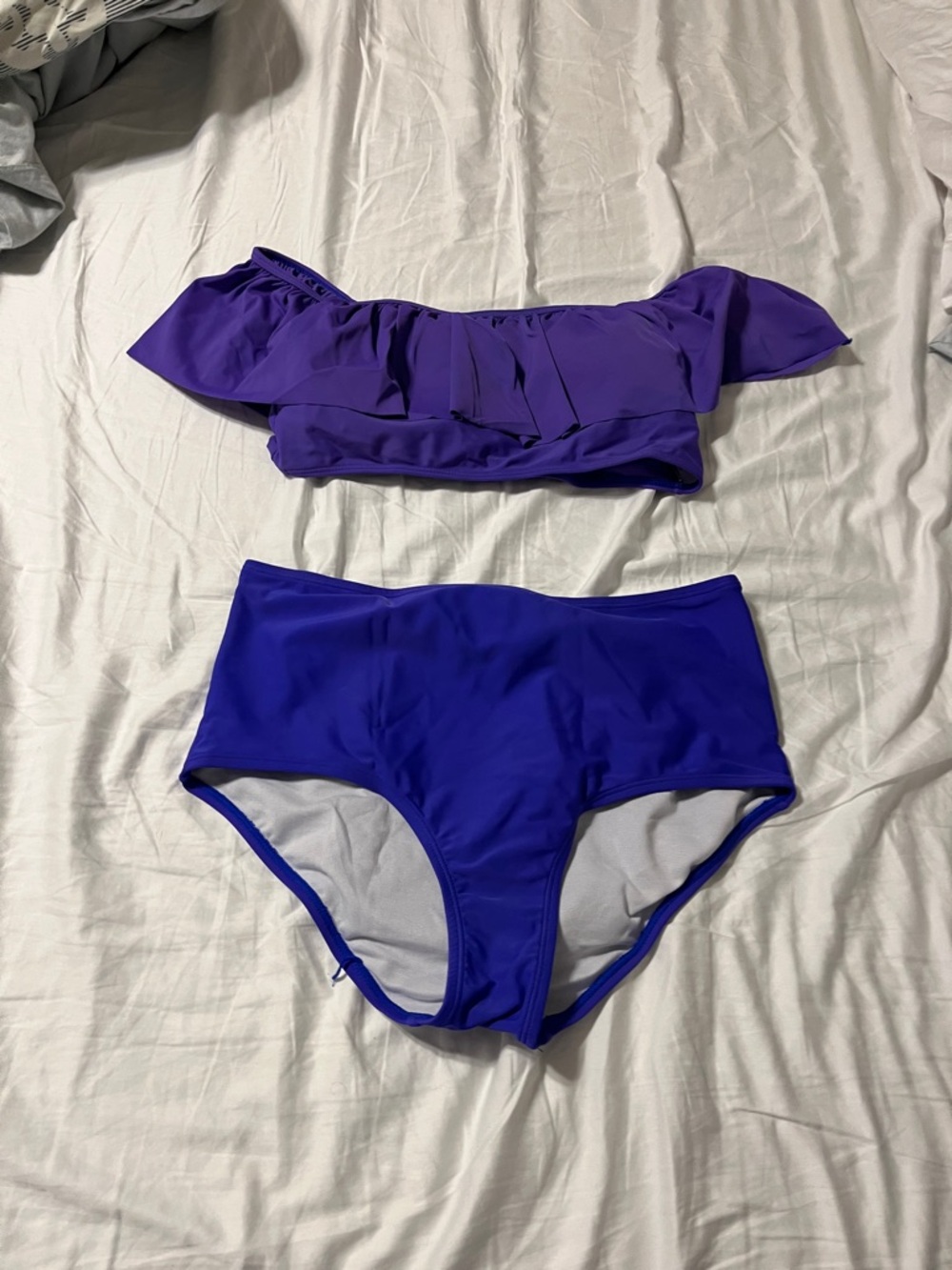 Off-Shoulder Ruffle High-Waist Bikini Set - Purple